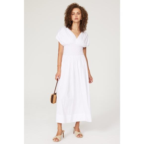 Staud Jackson White Smocked V-Neck Short Sleeve A-Line Midi Dress Size Large - Picture 1 of 16